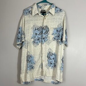 Mark Edwards washable linen Floral Button-Up Shirt in Blue and Cream size XL